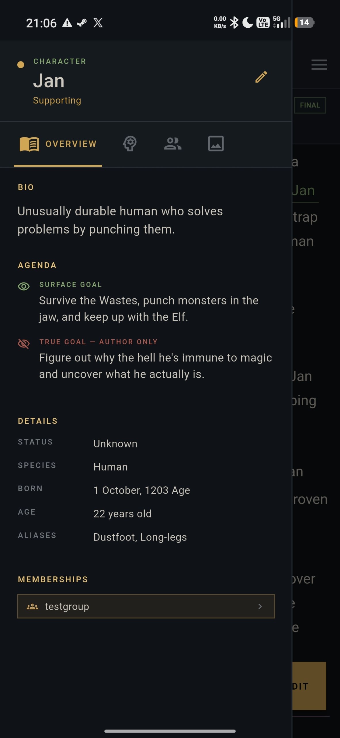 A character sheet with a bio, goals and details