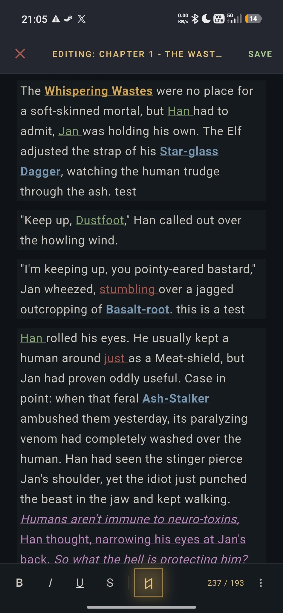 A chapter open for editing, with character and place names highlighted